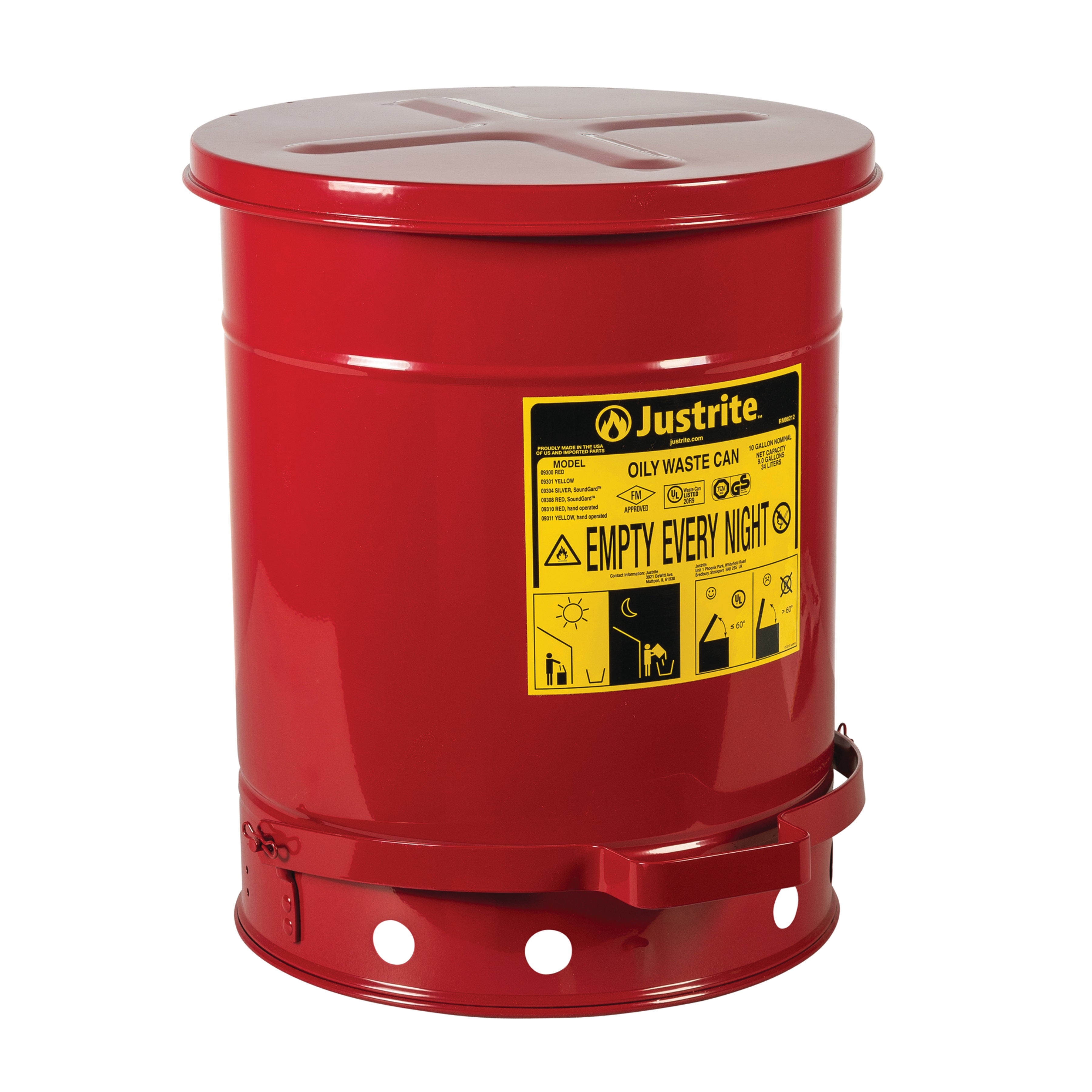 Justrite Oily Waste Cans - Red - Foot Operated - Spill Containment